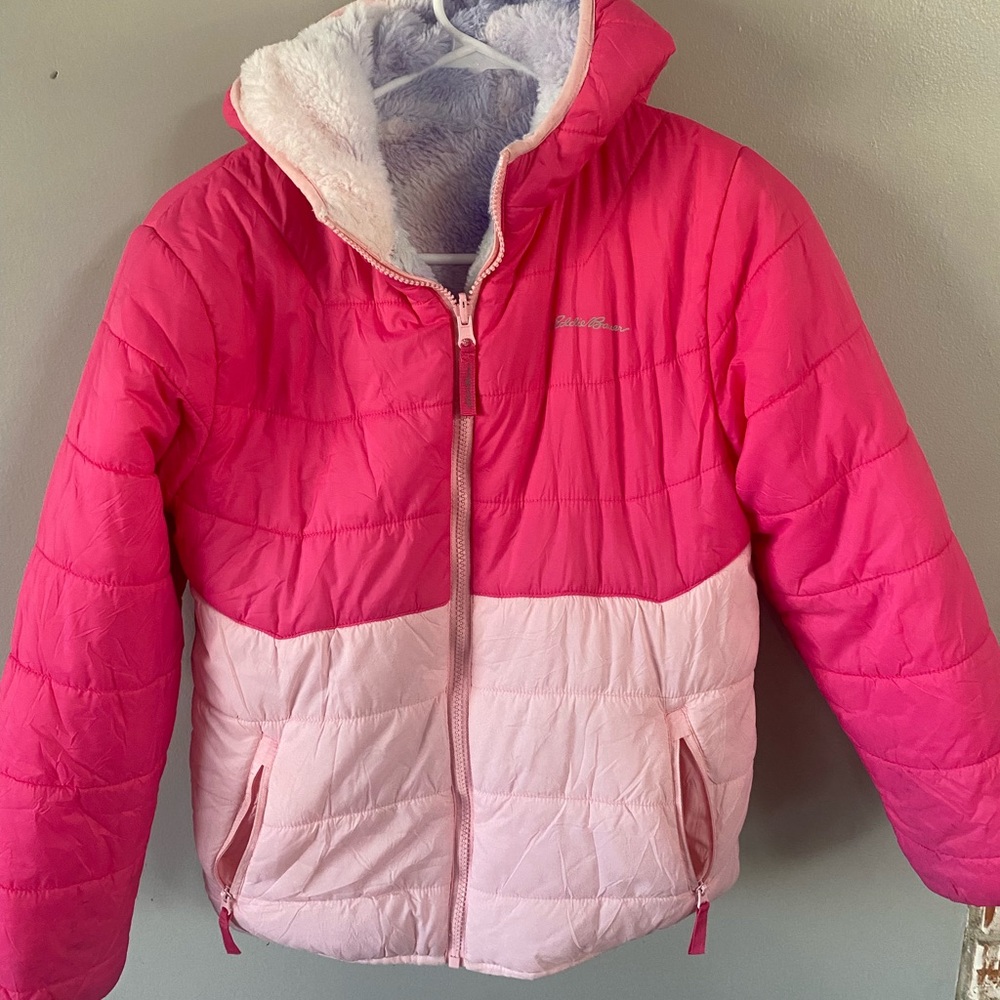 Eddie Bauer Pink Reversible faux fur Puffer Jacket size L 14/16‎ hooded